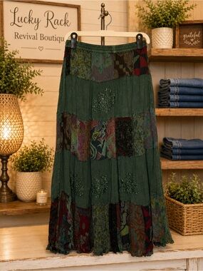 Young Threads Boho Patchwork Maxi Skirt Pockets Basil Green Large NWT